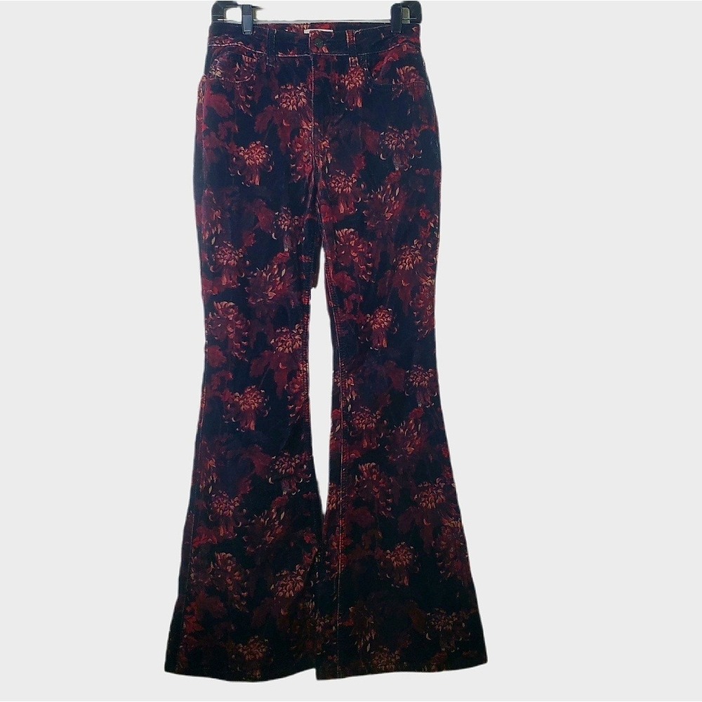 Shyanne Floral Black Velvet Flare Jeans W29xL34 Western Bell Bottoms 1970s Style